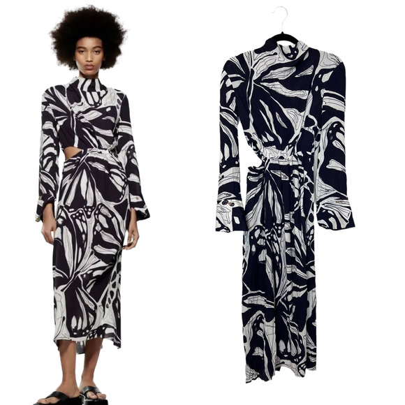 Zara Dresses Zara Dress Black Cream Art Deco Print Cut Out High